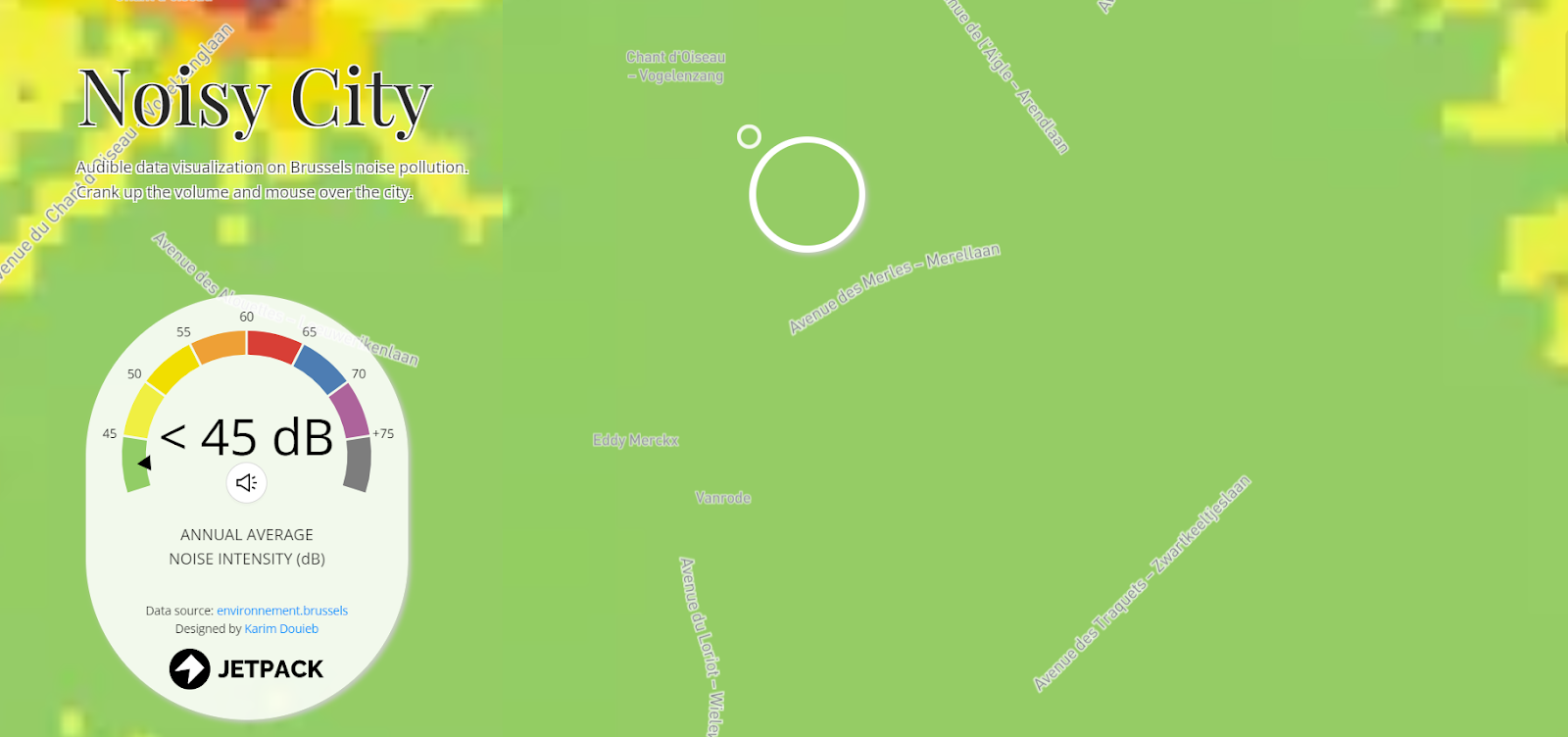 Zoomed in Noisy City map showing quieter area with low decibel level