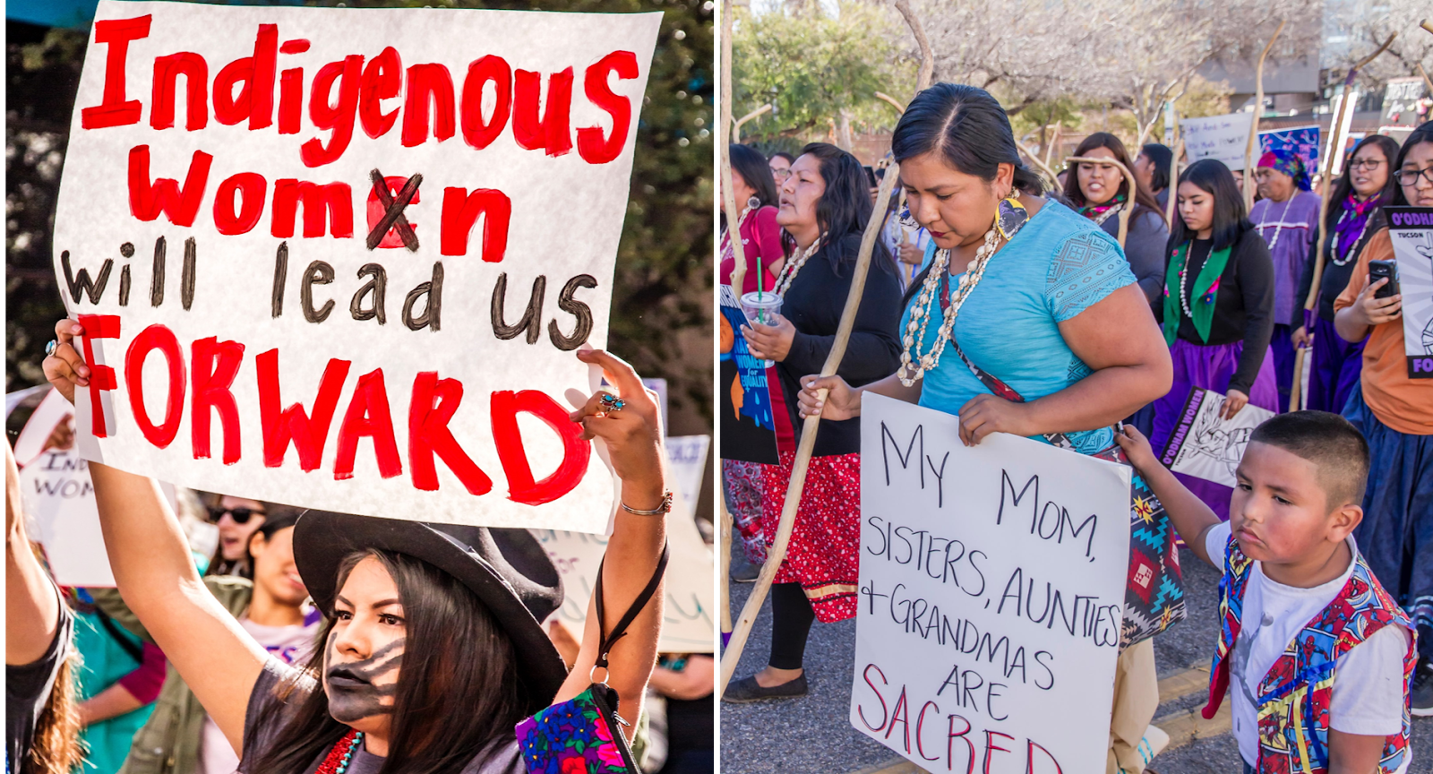 Indigenous Native American/Alaska Native women marching and holding signs