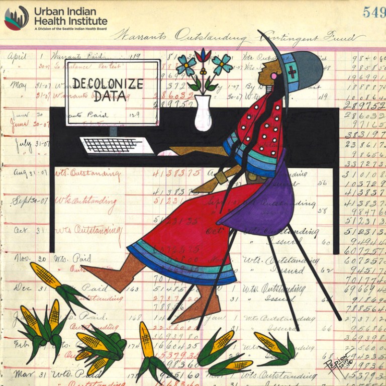 A "ledger art" style of drawing depicting a Native American woman at a desk