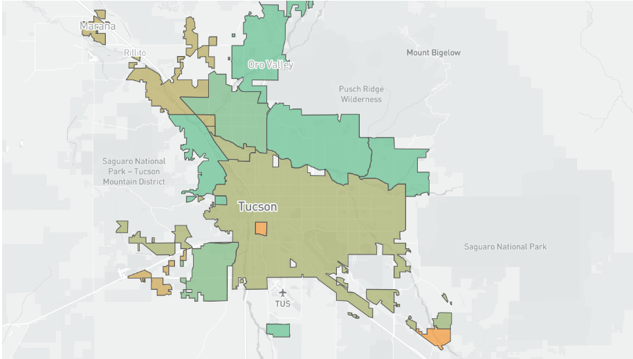 Tucson tree equity score showing central areas with lower score/less tree coverage than areas of the city further out.