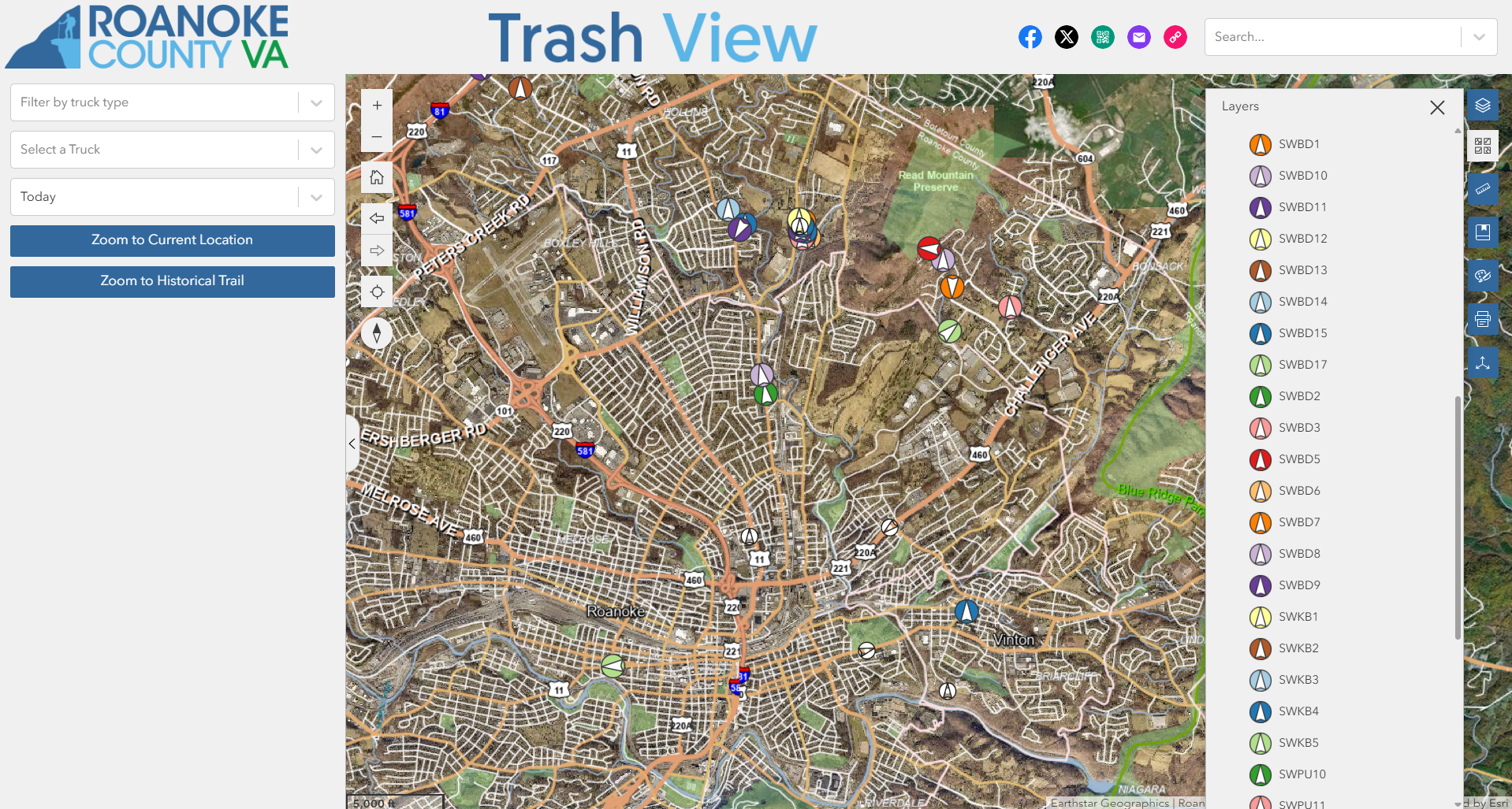 Screenshot of Trash View seen by customer service reps, showing county with locations of all vehicles