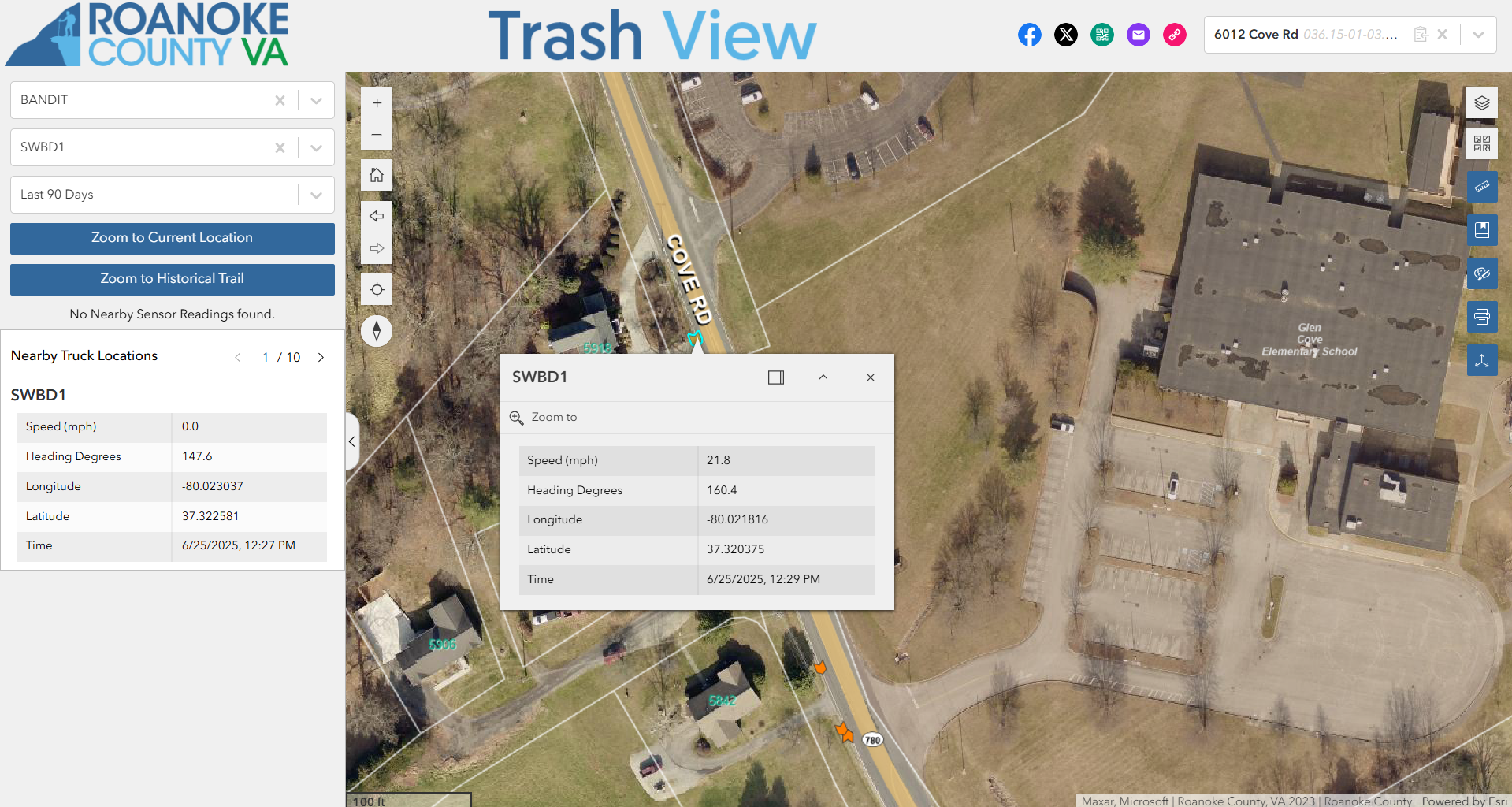 Screenshot of Trash View showing exact location, speed, and direction of a specific County vehicle