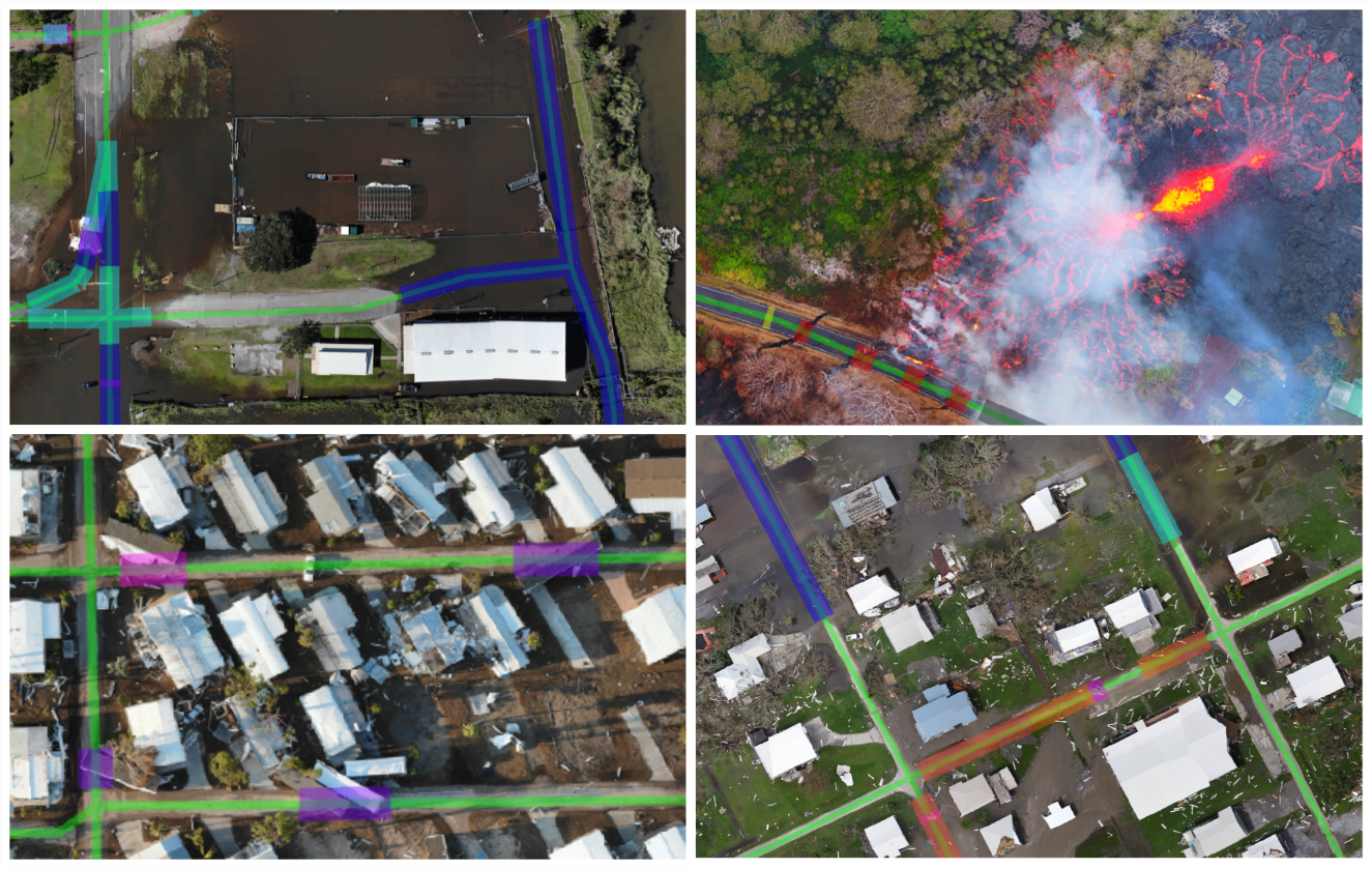 Drone images of neighborhoods with colored lines showing safety and passability of streets