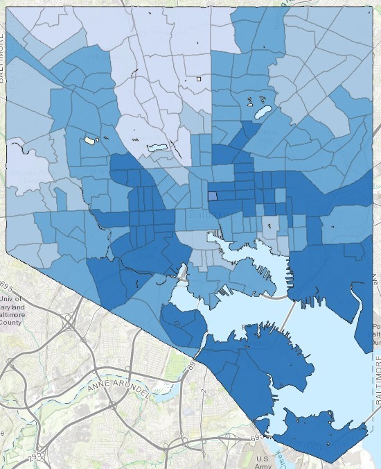 Heat map of Baltimore showing the Black population is concentrated in two wing-shaped areas to the east and west, while a corridor of whiter, wealthier neighborhoods runs down the center