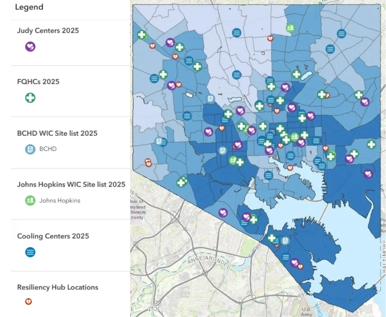 A heat map of Baltimore, showing very few Judy Centers, WIC sites, and cooling locations in the Brooklyn/Curtis Bay neighborhood