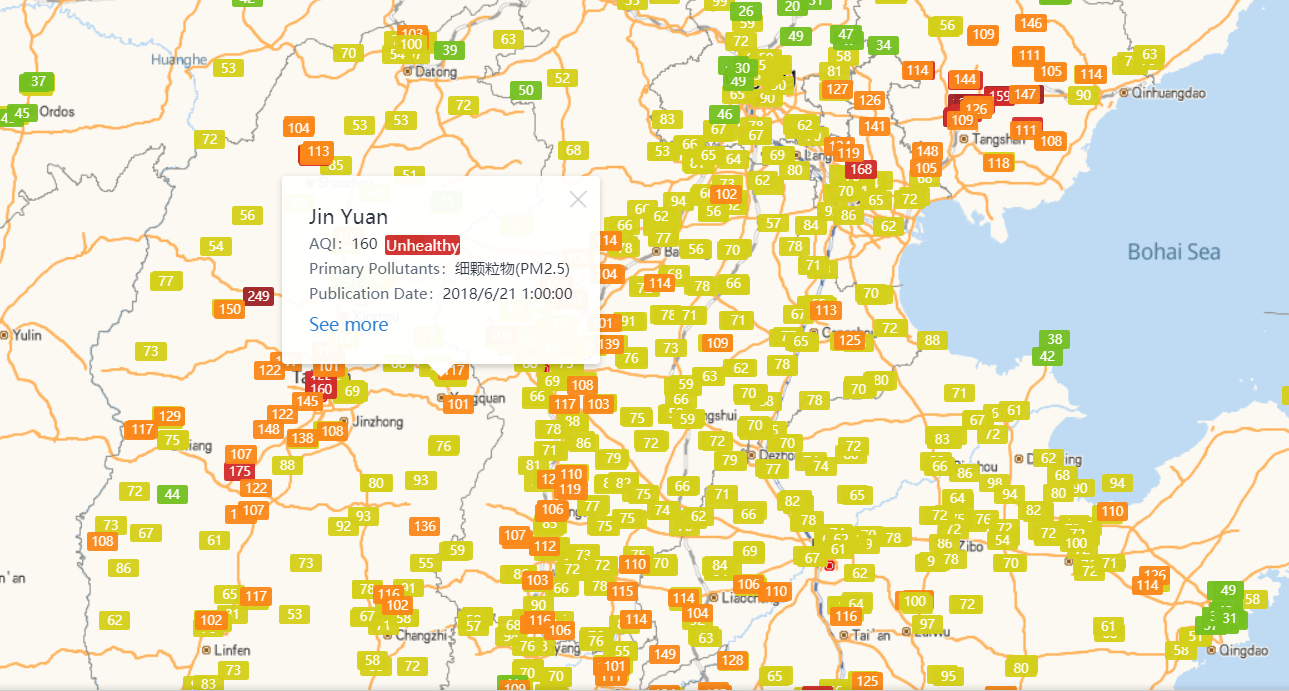 Screenshot of the map above, zoomed in to show Jin Yuan with an unhealth air quality index and the date this was measured