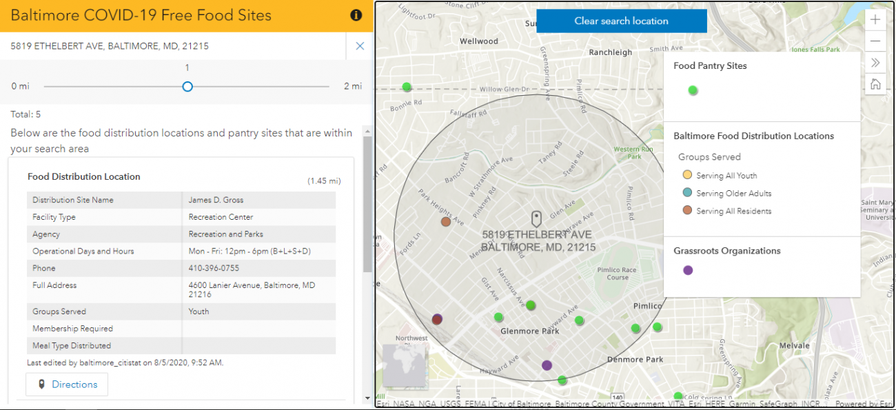 Screenshot of Baltimore's COVID-19 food sites