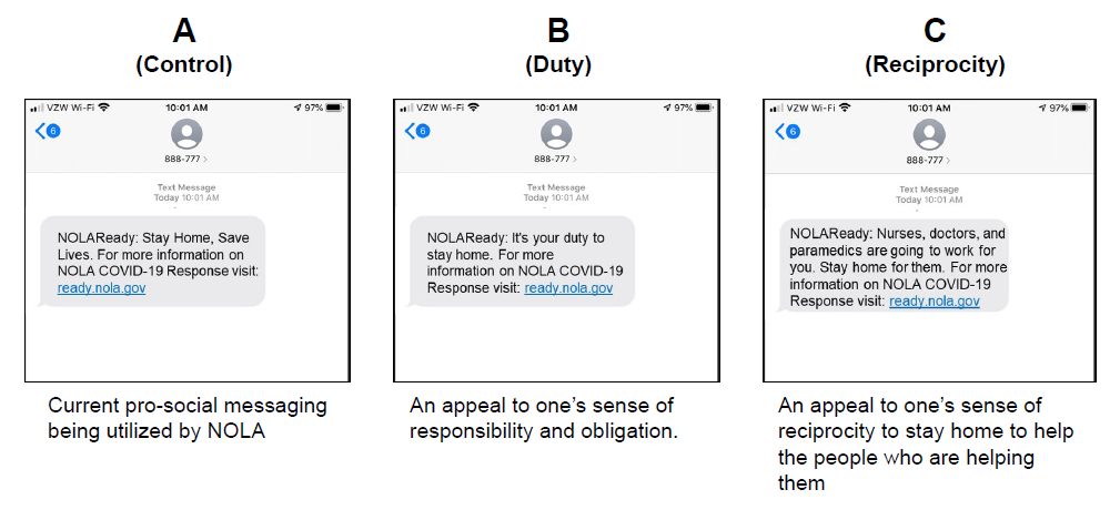 Text mock-ups from NOLAReady: B says 
