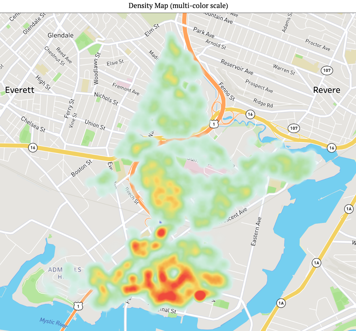 Heat map of Chelsea with greater density clustered in the southern half
