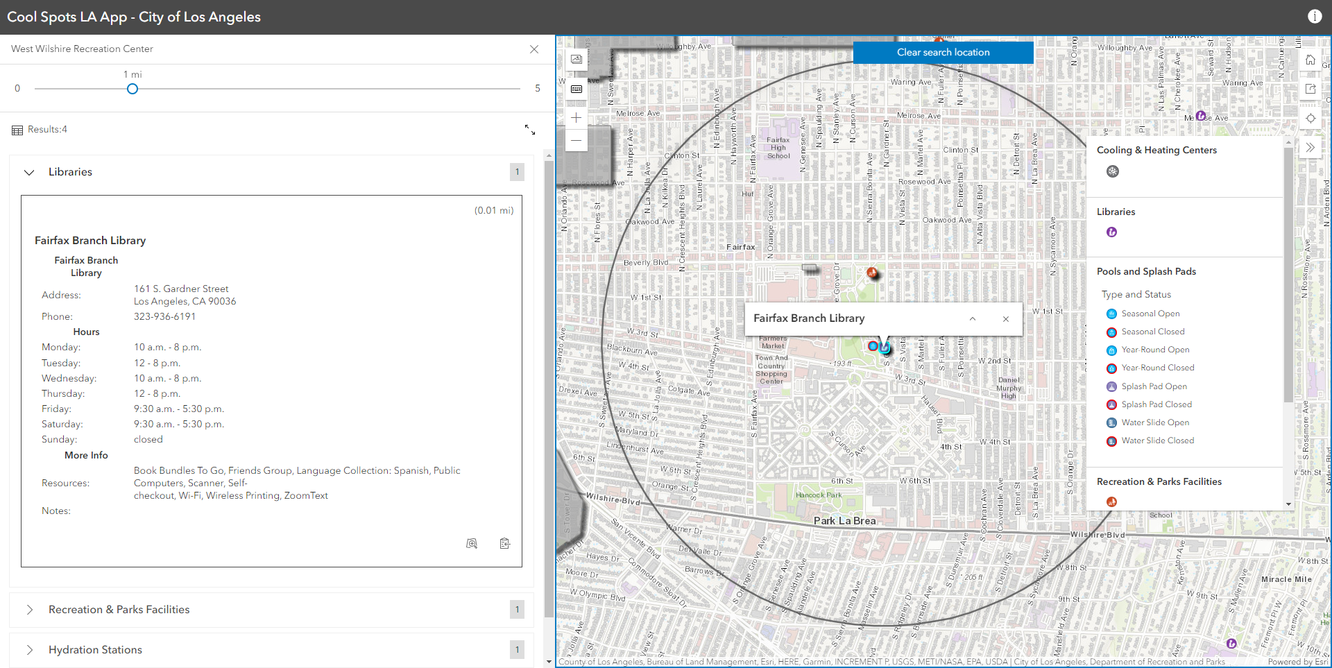 Screenshot of the Cool Spots LA Map: city of LA with the Fairfax Branch Library highlighted with address, amenities, and hours listed.
