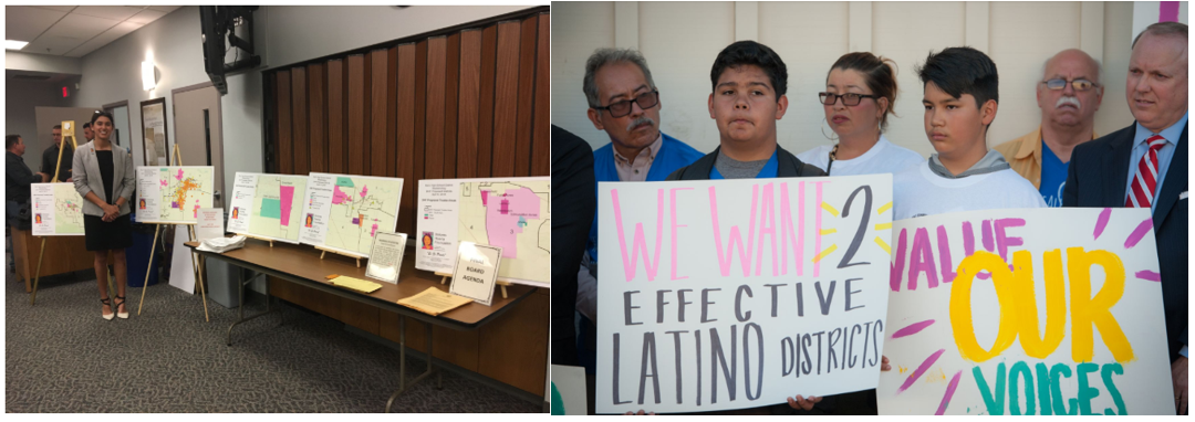Community members holding signs and displaying maps to protest unfair school districts