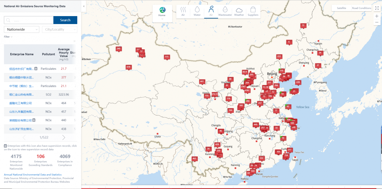 Map of China measuring national air emissions and monitoring locations, with all red flags (indicating poor quality)
