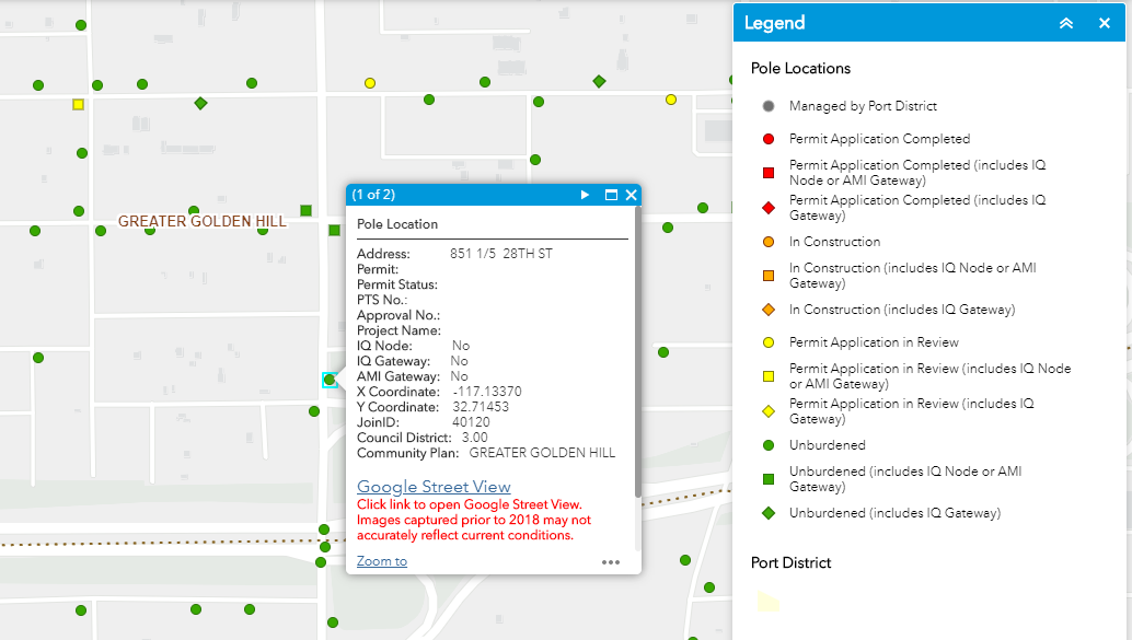 Close up of a green spot. Street lights are coded as available for permitting (green), already permitted or otherwise encumbered (red) and pending (yellow).