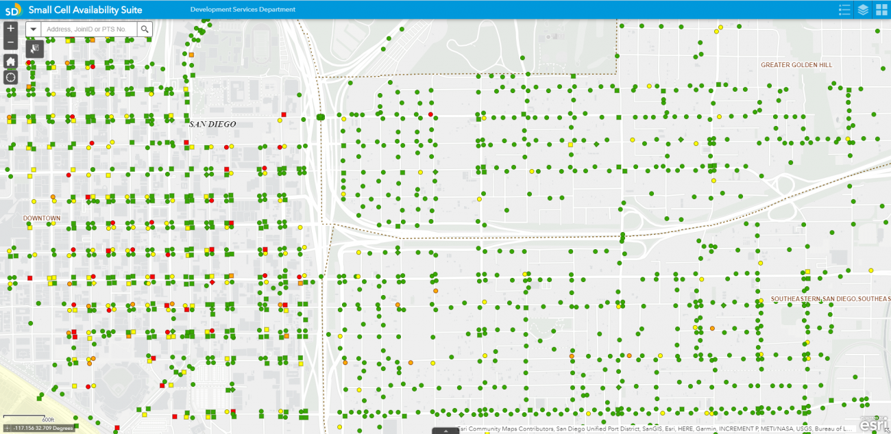 Close up of map showing street light locations and availability: most are green indicating they are free
