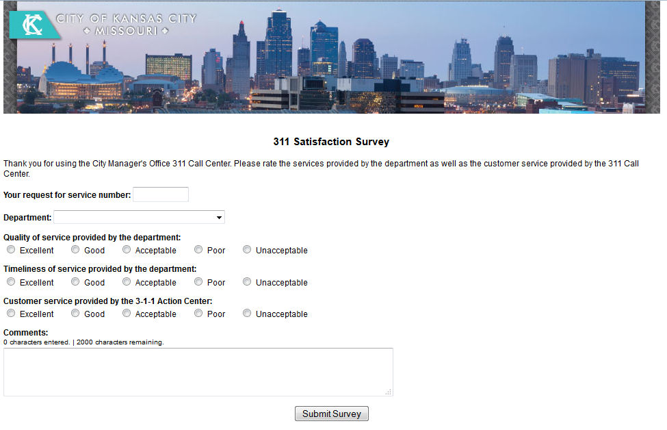 Kansas City 311 satisfaction survey asking about quality and timeliness of service