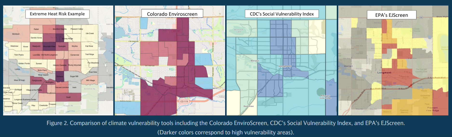 Comparing maps from different climate tools that all identify central and southern areas of Longmont as high climate vulnerability