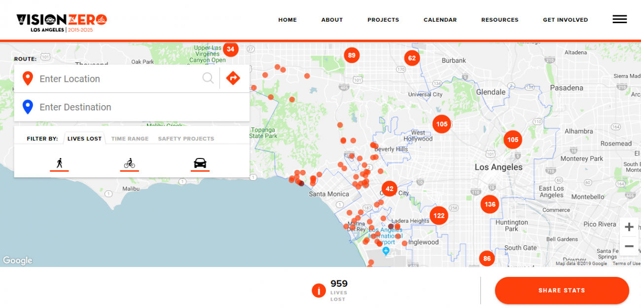 Screenshot of map with traffic fatality memorials