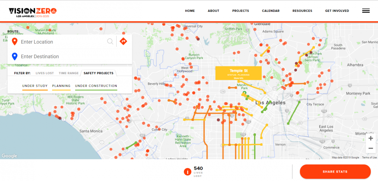 Screenshot of map with safety projects highlighted