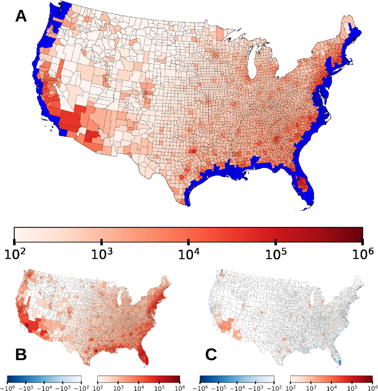 Map of the US with flood zones along the coast marked in blue, and red highlighting the inland areas just past those floodzones that will become increasingly populated.