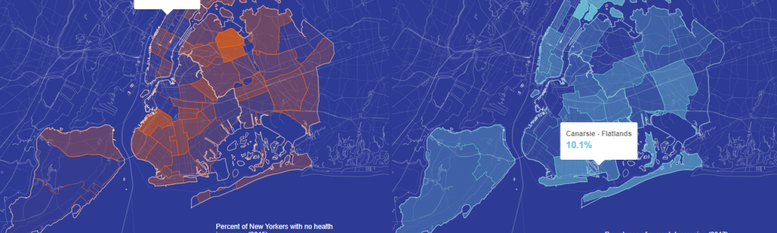 Screenshot of the Thrive NYC dashboard with overlays that show where New Yorkers don't have health insurance/suffer from depression