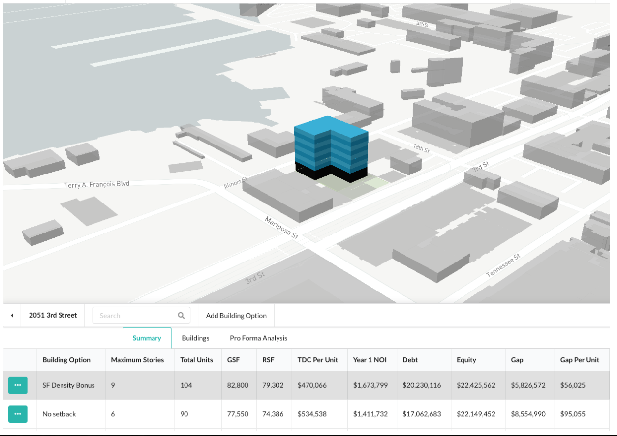 Computer simulation of a building in San Francisco with info about density and units