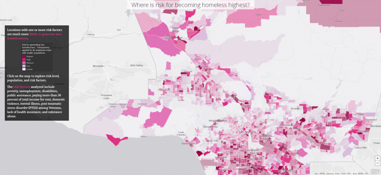 Map showing risk factors increasing risk of homelessness in LA county