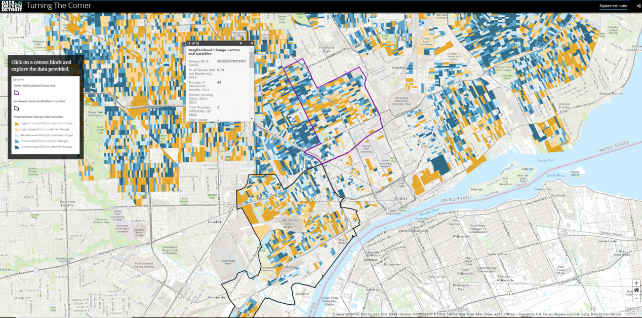 Screenshot of map with census tracts blocked out in blues and yellows; can click on tract for more information about neighborhood change.