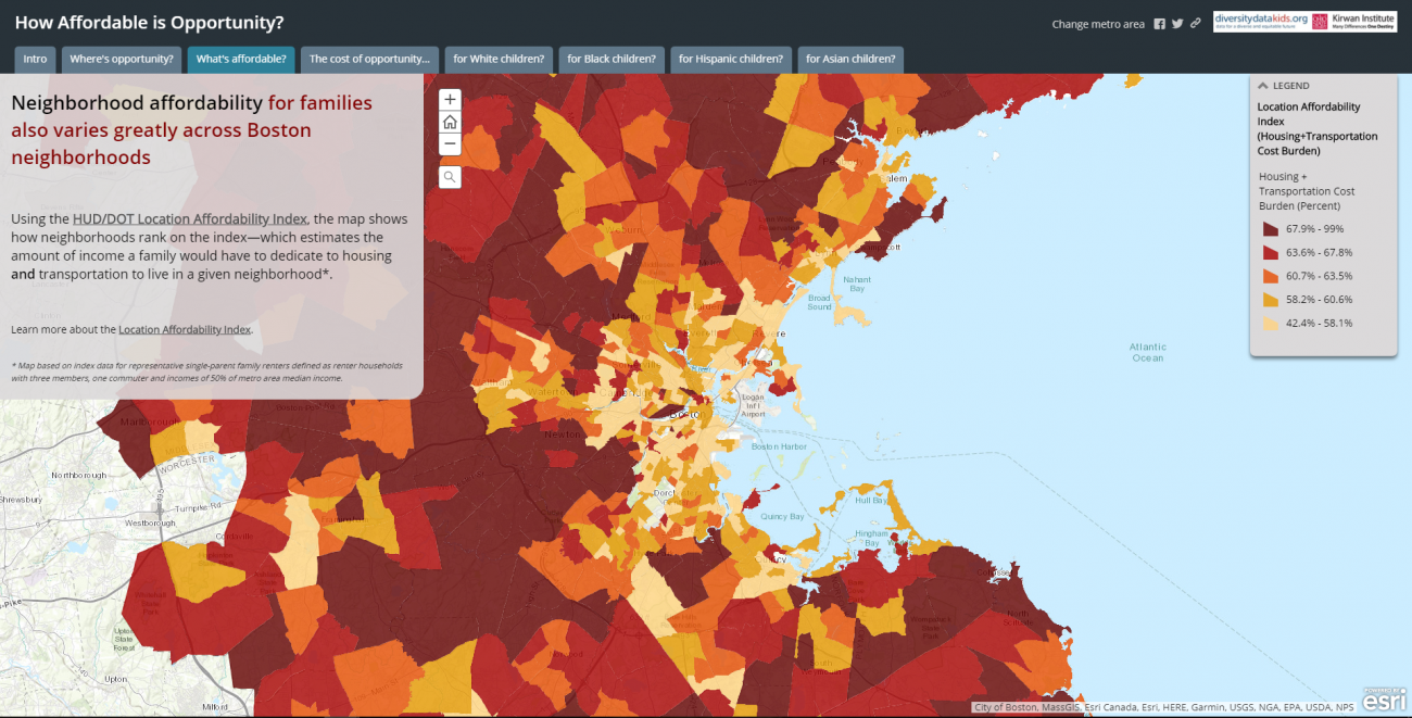 Map of Boston with Location Affordability mapped out; higher cost burdens in the high-opportunity areas from the above map