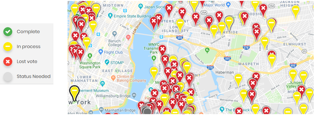 A map of NYC with pins illustrating projects that have been completed, are in process, or which lost the vote