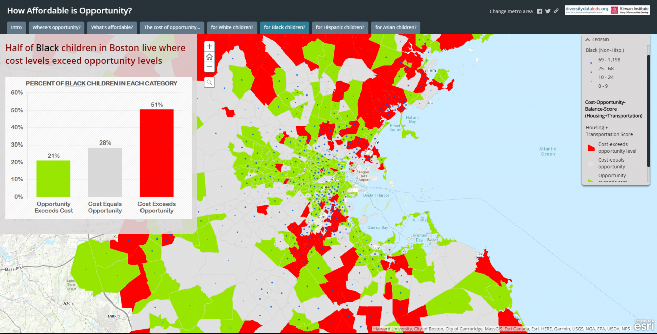 Map of Boston that shows more than half og Black children in Boston live in the high cost/low opportunity red zones