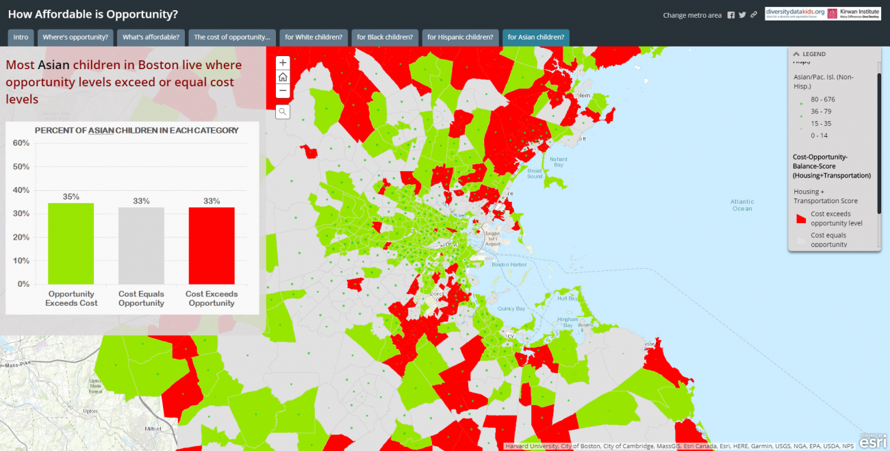 The green/red map of Boston that shows that Asian children in Boston are more likely to live in the green, high opportunity areas