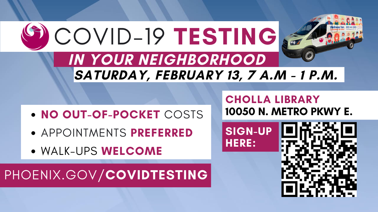 Advert for free COVID-19 testing that was placed in grocery stores in Phoenix AZ: testing is free, and walk-ins are welcome