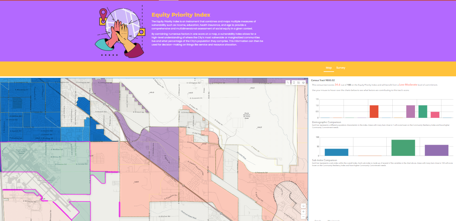 Screenshot of the Equity Priority Index showing Census Tract 9800.02 as a 34.6 out of 100 on the EPI, low-moderate vulnerability.