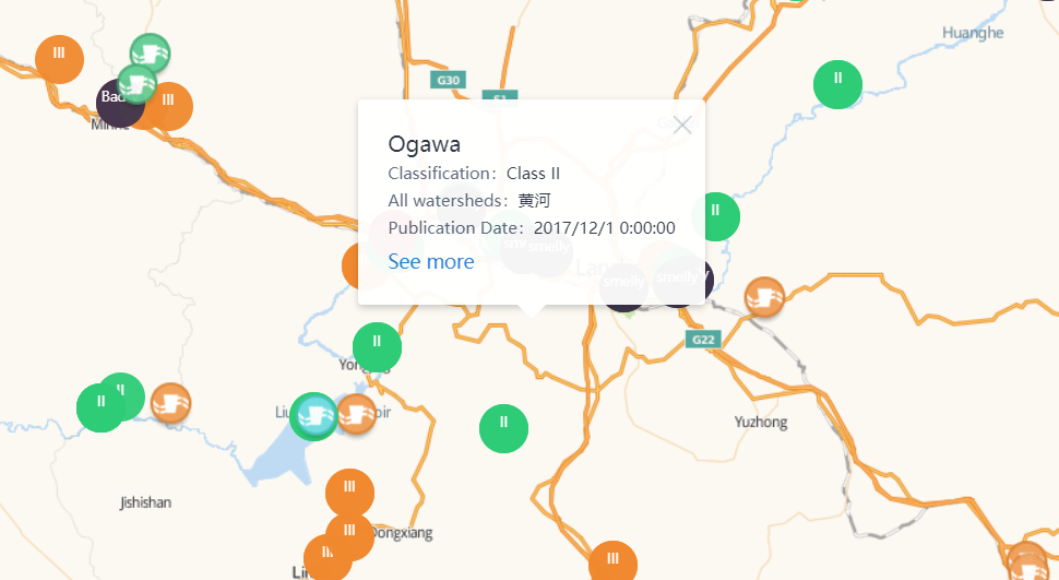 Zoomed in map of Ogawa with info about watersheds, marked as Class 2