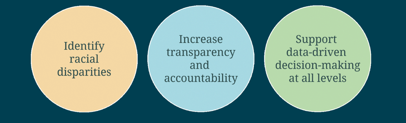 3 text bubbles: Identify racial disparities; Increase transparecny and accountability; Support data-driven decision making at all levels.