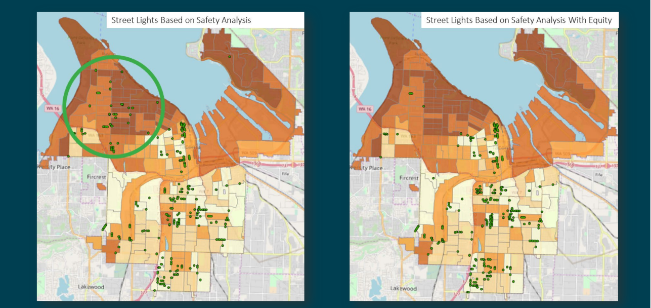 Map of Tacoma with highlights for the priority areas; map on the right has more dots for light placement in lower-income areas 