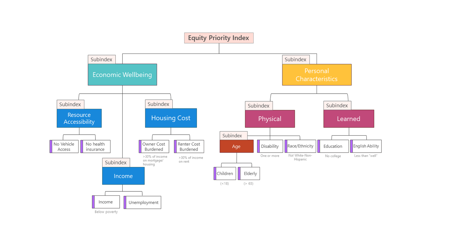 Equity Priority Index vulnerabilities: Economic Wellbeing and Personal Characteristics are the top 2