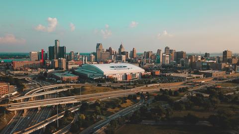 Highways around Detroit skyline
