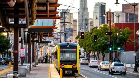LA Metro train at on-street station stop