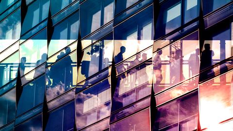View through glass windows in offices with shadows of people working