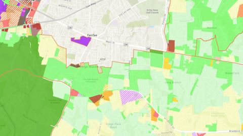 Fairfax map with colorful layers over different areas of zoning