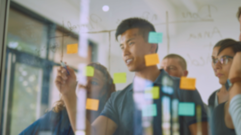 Group of people around a wall of post-it notes