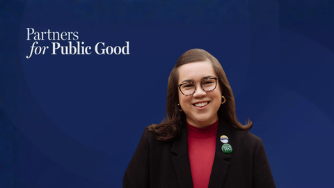 Denise Linn Riedl in front of a webinar screen that says Partners for Public Good
