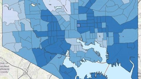 Heat map of Baltimore showing the Black population is concentrated in two wing-shaped areas to the east and west, while a corridor of whiter, wealthier neighborhoods runs down the center