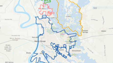 Map of Baton Rouge city and parish with lines marking large areas of flooding throughout the city