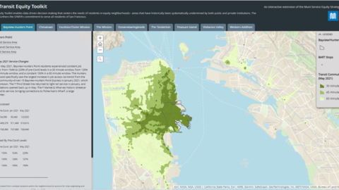Screenshot of the SFMTA Transity Equity Toolkit showing the pre-COVID to May 2021 change in job access; thanks to additional transit (like lightrails and streetcar lines) job access steadily increased.