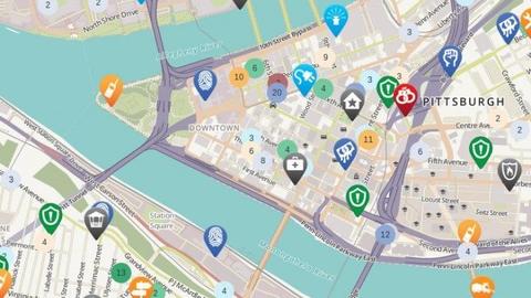 Map of Pittsburgh with different icons 