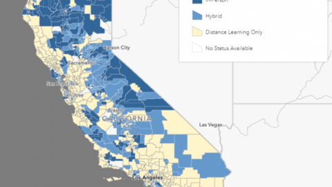 Map of California with school districts highlighted to show if they are open, hybrid, closed, etc. during the COVID pandemic