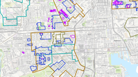 Streetview map of Baltimore with colorful lines showing streets, census tract outlines, and greenways.