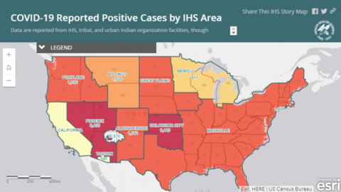 Indian Health Services map of COVID in the US: high rates in areas around Oklahoma, Arizona, and New Mexico